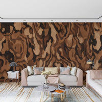 Flowing burl wood texture wall mural in layered brown hues., GD10371