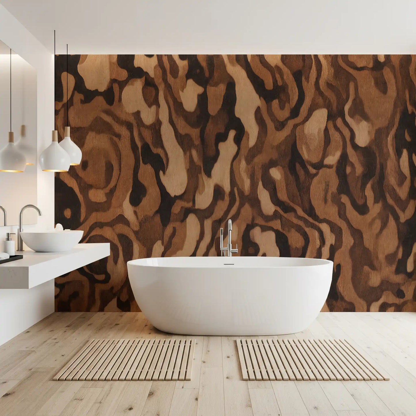 Dark brown and light tan wall mural with  abstract wood grain surface in bathroom., GD10371
