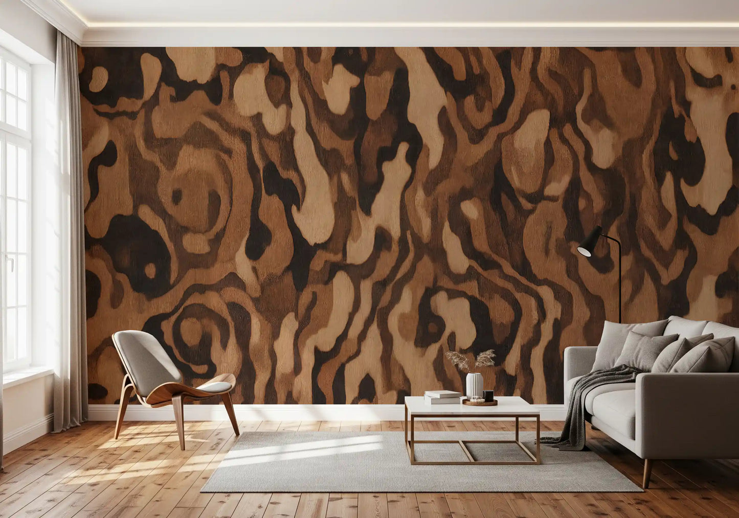 Warm toned grain pattern wall mural with deep espresso swirl., GD10371