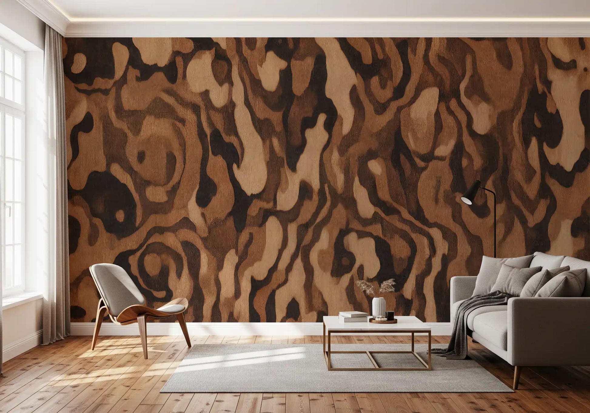 Warm toned grain pattern wall mural with deep espresso swirl., GD10371