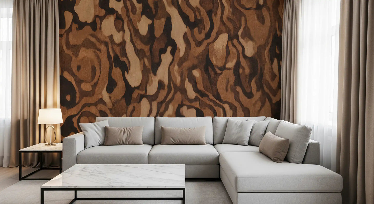 Warm brown grain wall mural displayed in a bedroom with wood surface., GD10371