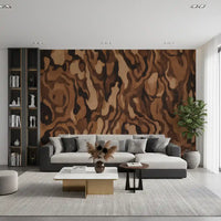 Polished burl wood pattern wall mural in multiple brown shades., GD10371