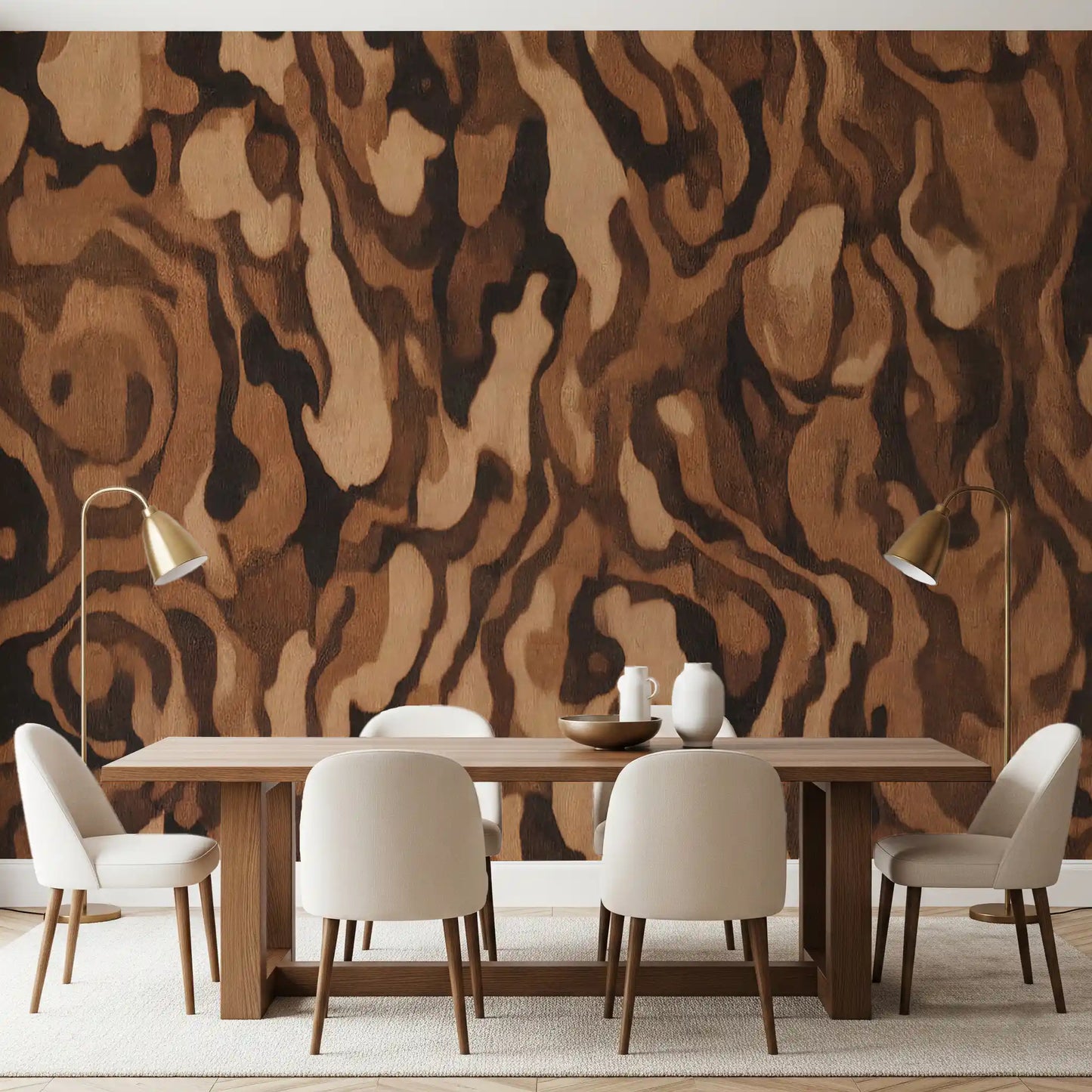 Dining room wall mural with Swirling organic shapes in warm espresso and caramel tones., GD10371