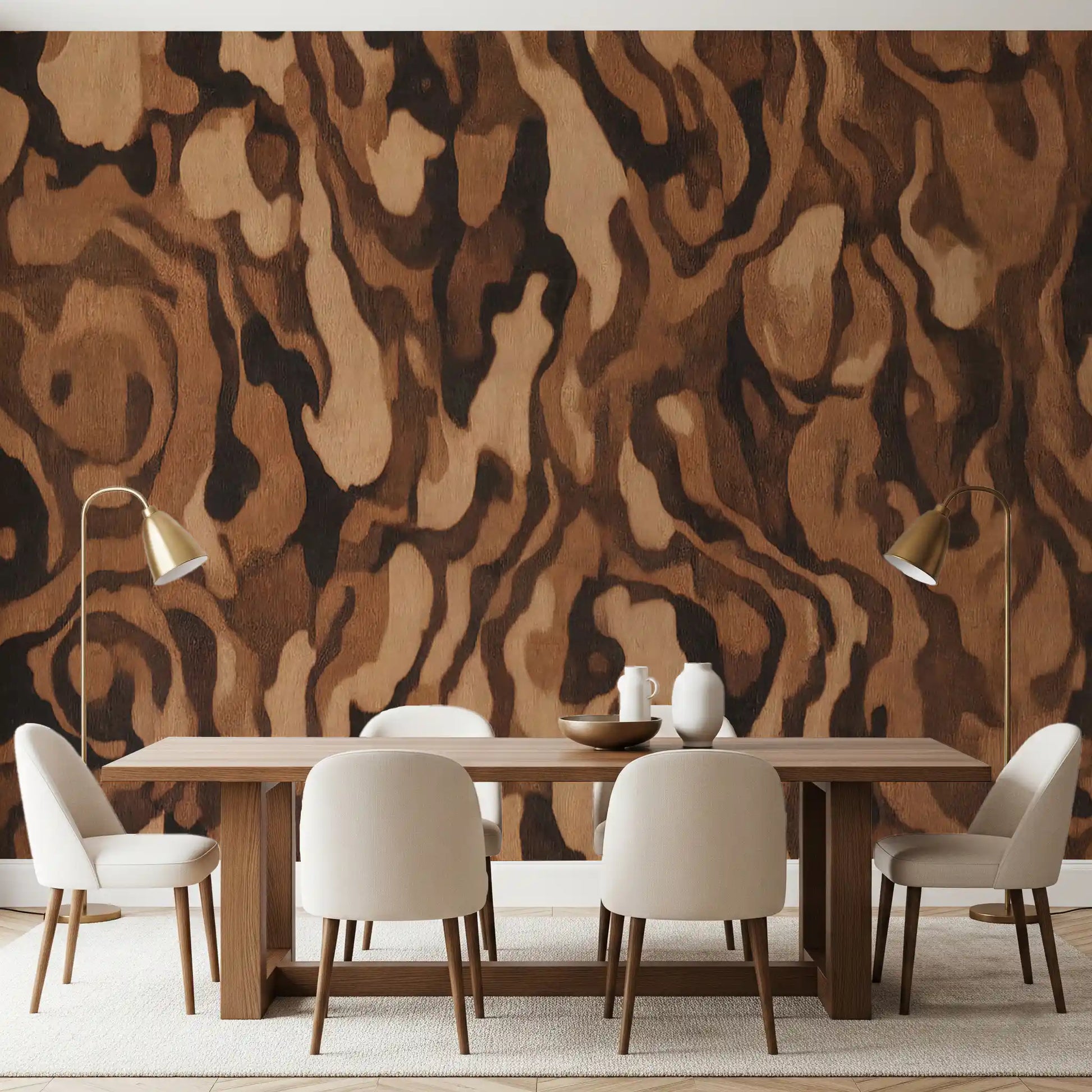 Dining room wall mural with Swirling organic shapes in warm espresso and caramel tones., GD10371