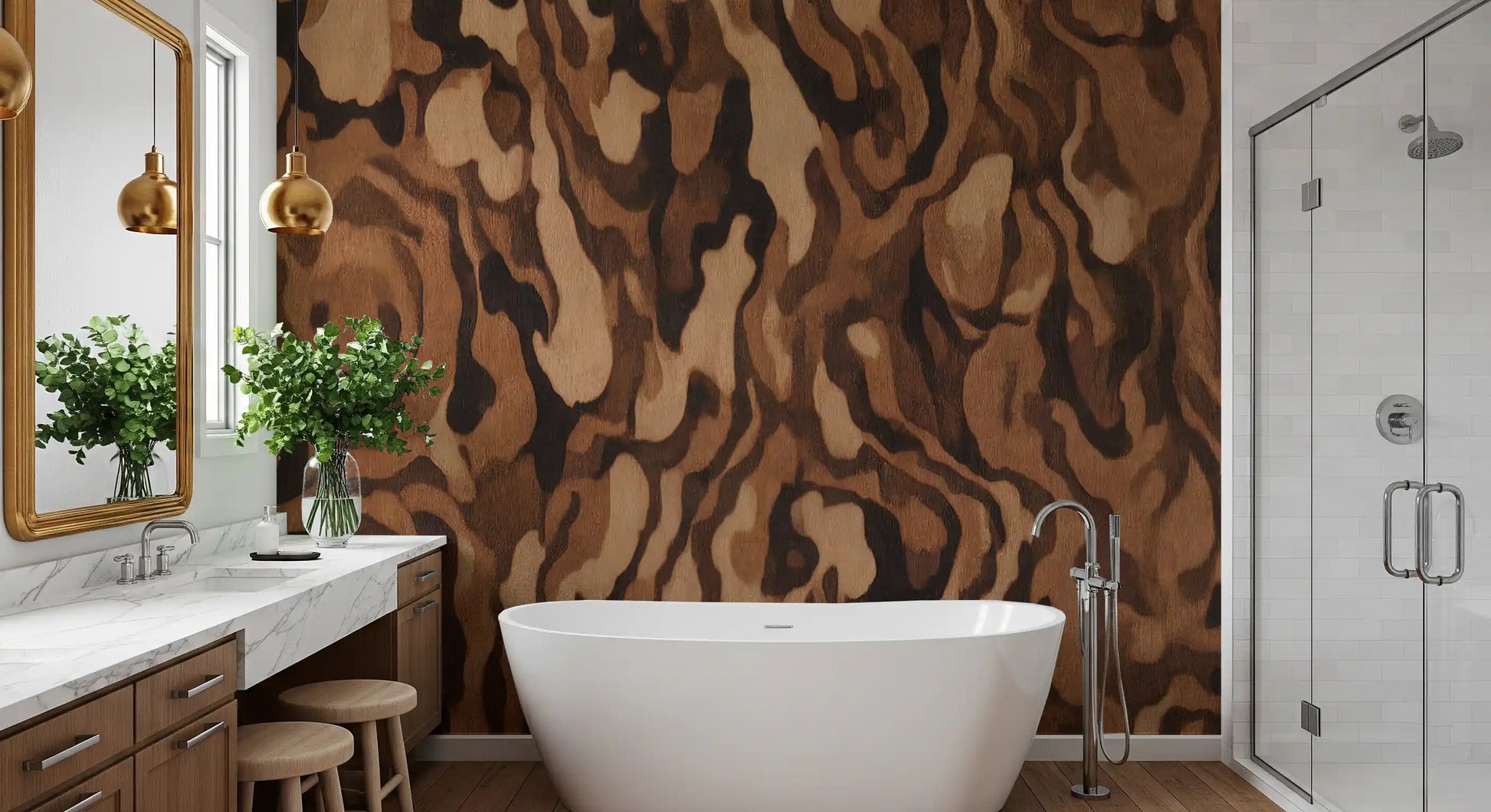 Earthy brown flowing wood texture wall mural with tan highlights., GD10371