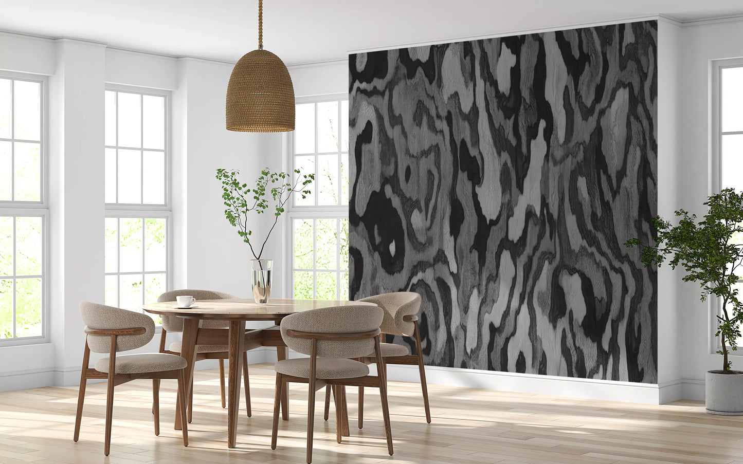 Grey toned burl root wall mural with flowing dark forms in dining room., GD10372