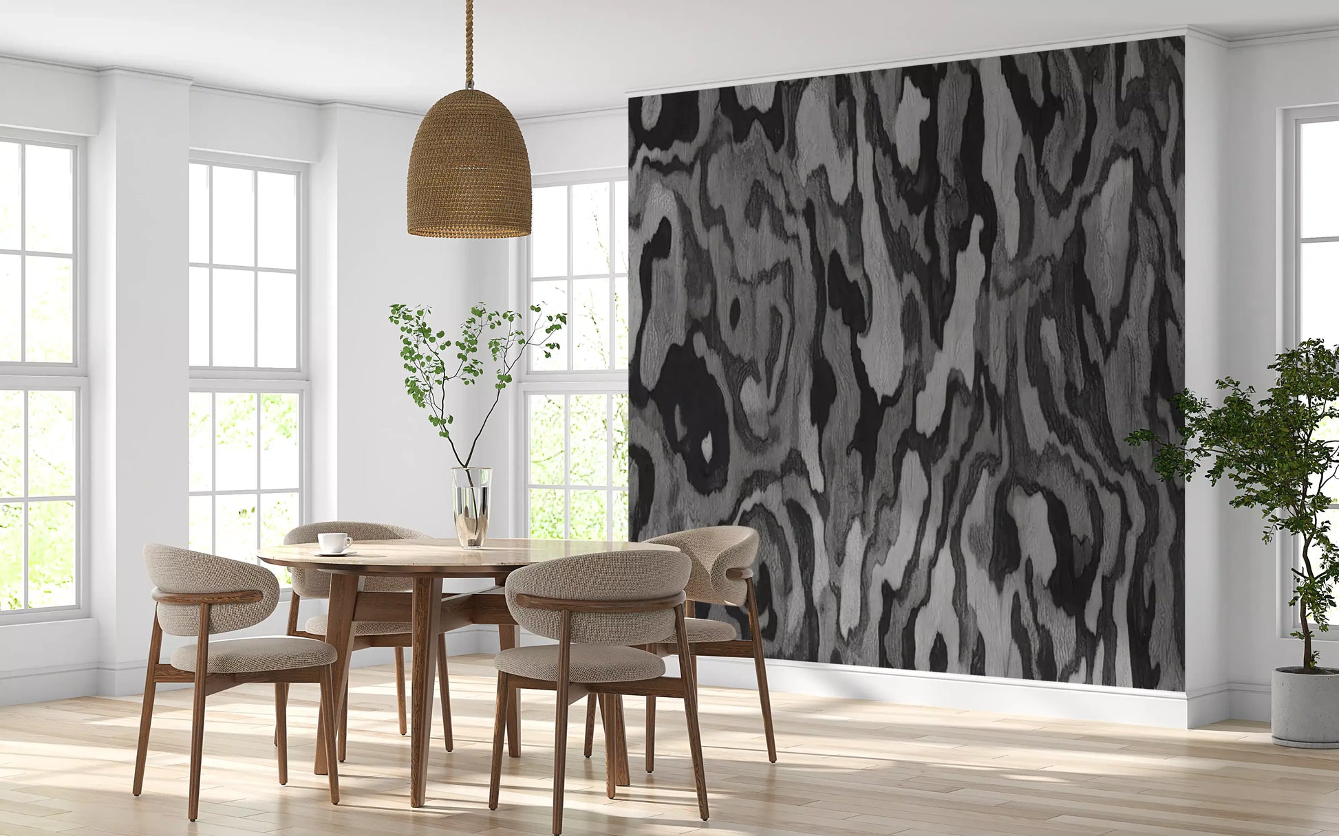 Grey toned burl root wall mural with flowing dark forms in dining room., GD10372