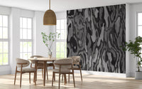 Grey toned burl root wall mural with flowing dark forms in dining room., GD10372
