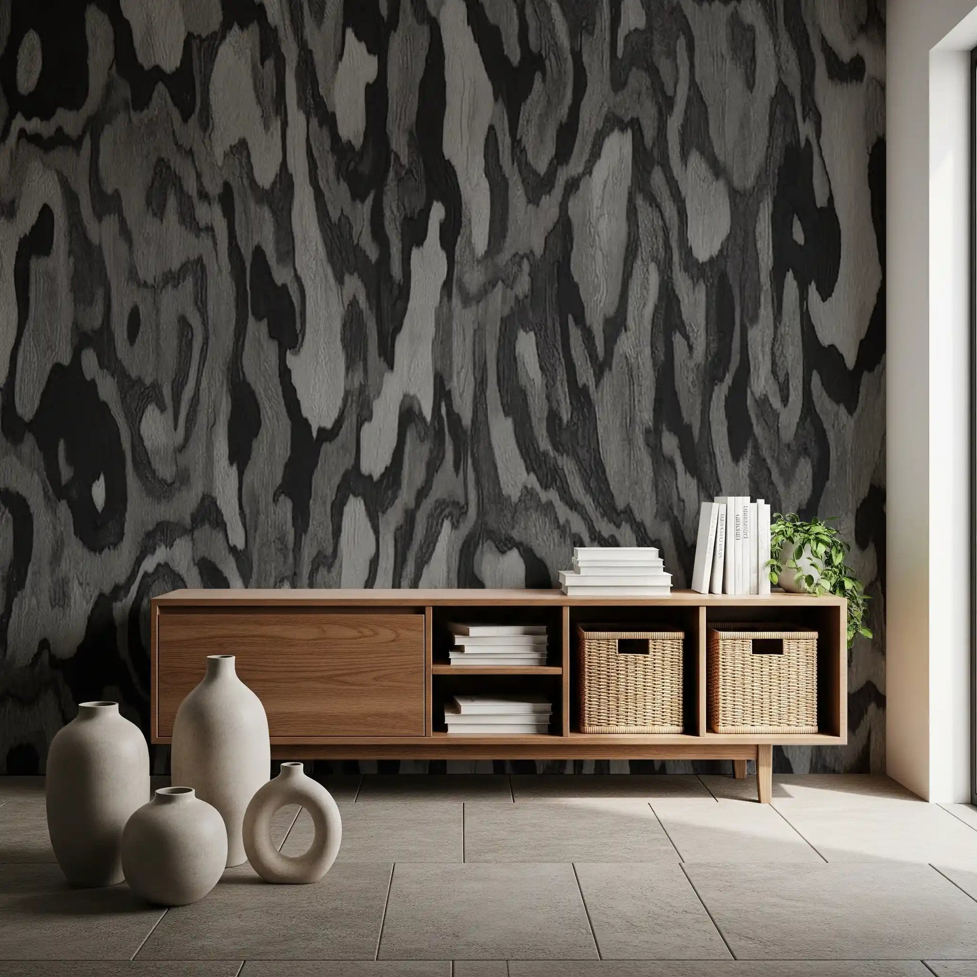 Monochrome wall mural with silver highlights and deep charcoal swirls., GD10372
