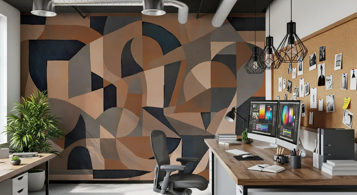 Navy and terracotta abstract arch wall mural displayed in a study room., GD10375