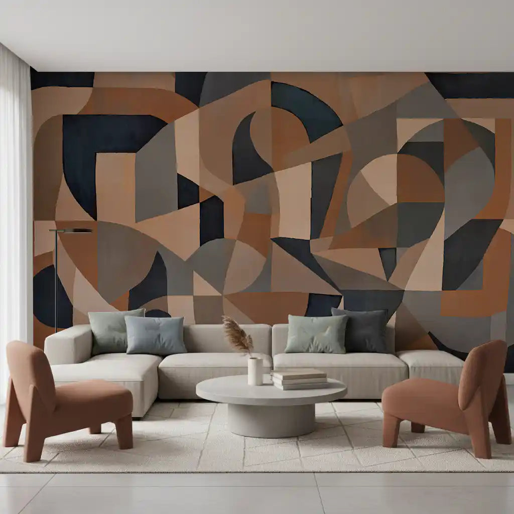 Layered curved and angular wall mural with navy blue and warm terracotta in living room., GD10375