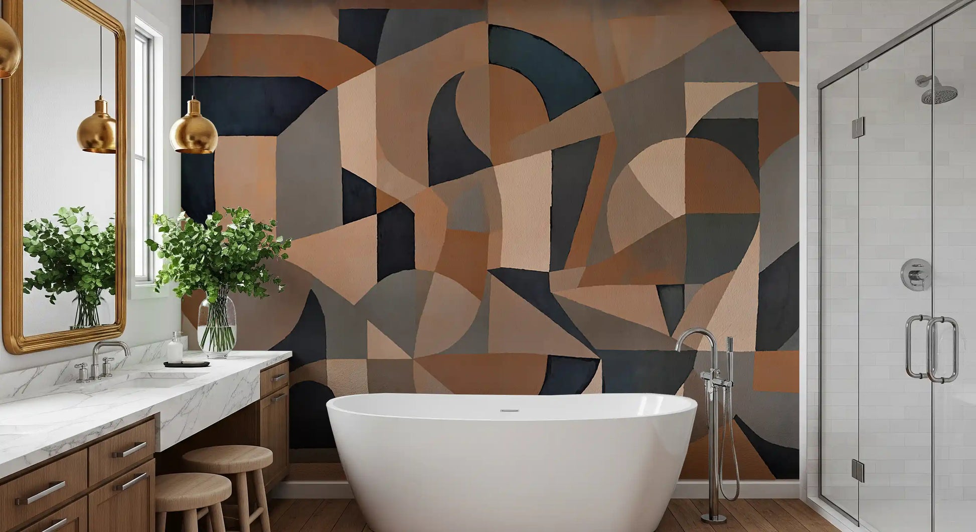 Abstract geometric mural with overlapping arches in earthy and cool tones., GD10375