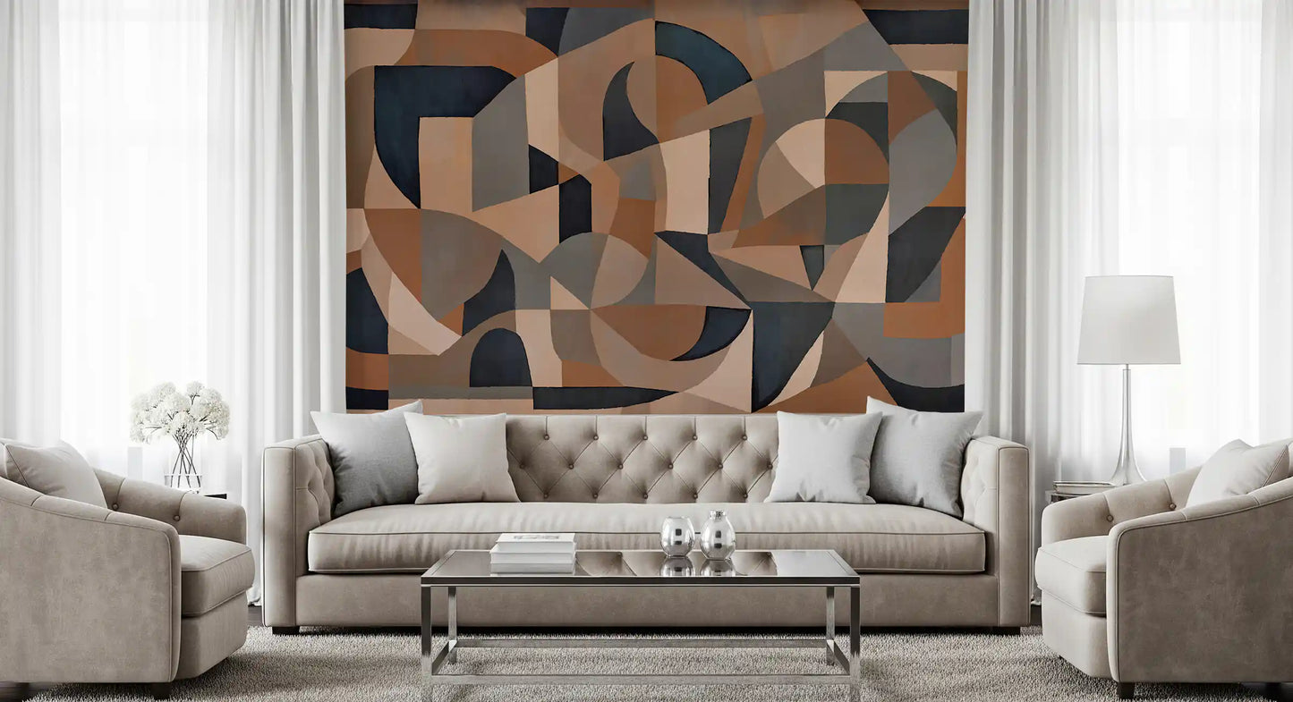 Muted navy and blush geometric wall mural with structured cubist arrangement., GD10375