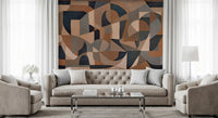 Muted navy and blush geometric wall mural with structured cubist arrangement., GD10375