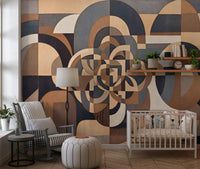 Peach tan and slate blue cubist mural with balanced central focal point in nursery., GD10377