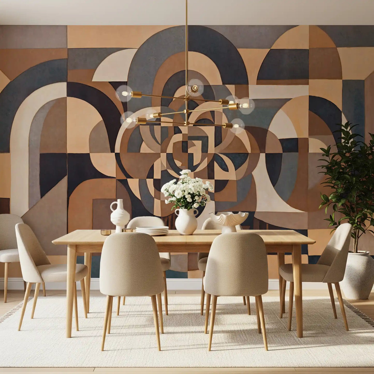 Geometric rosette wall mural with layered circles radiating in dining room., GD10377