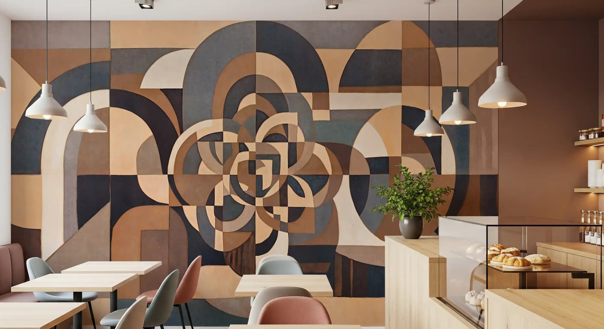 Silent Passage wall mural with symmetrical cubist circles and arches in peach and brown., GD10377