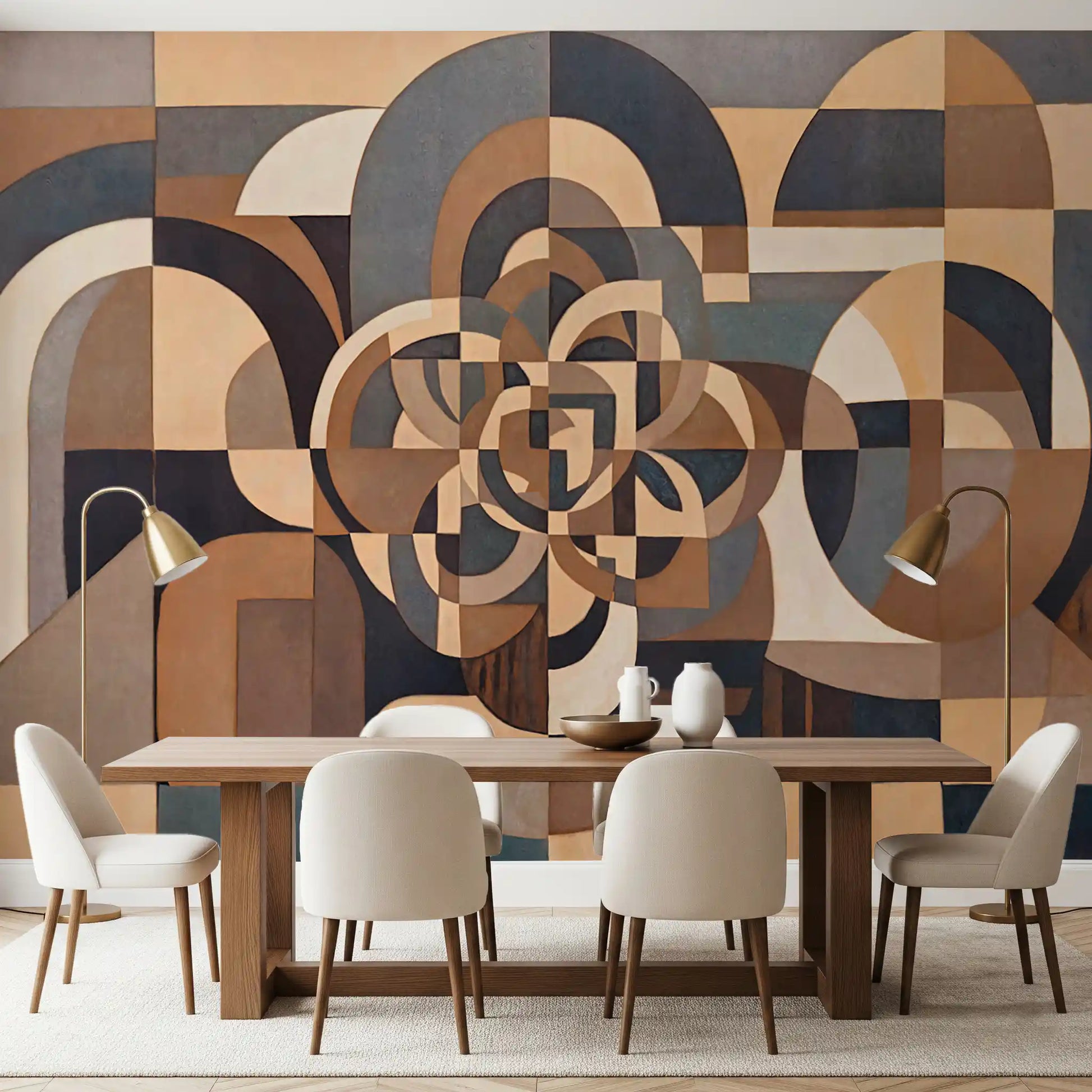 Abstract geometric wall mural with concentric circles and rectangular blocks., GD10377