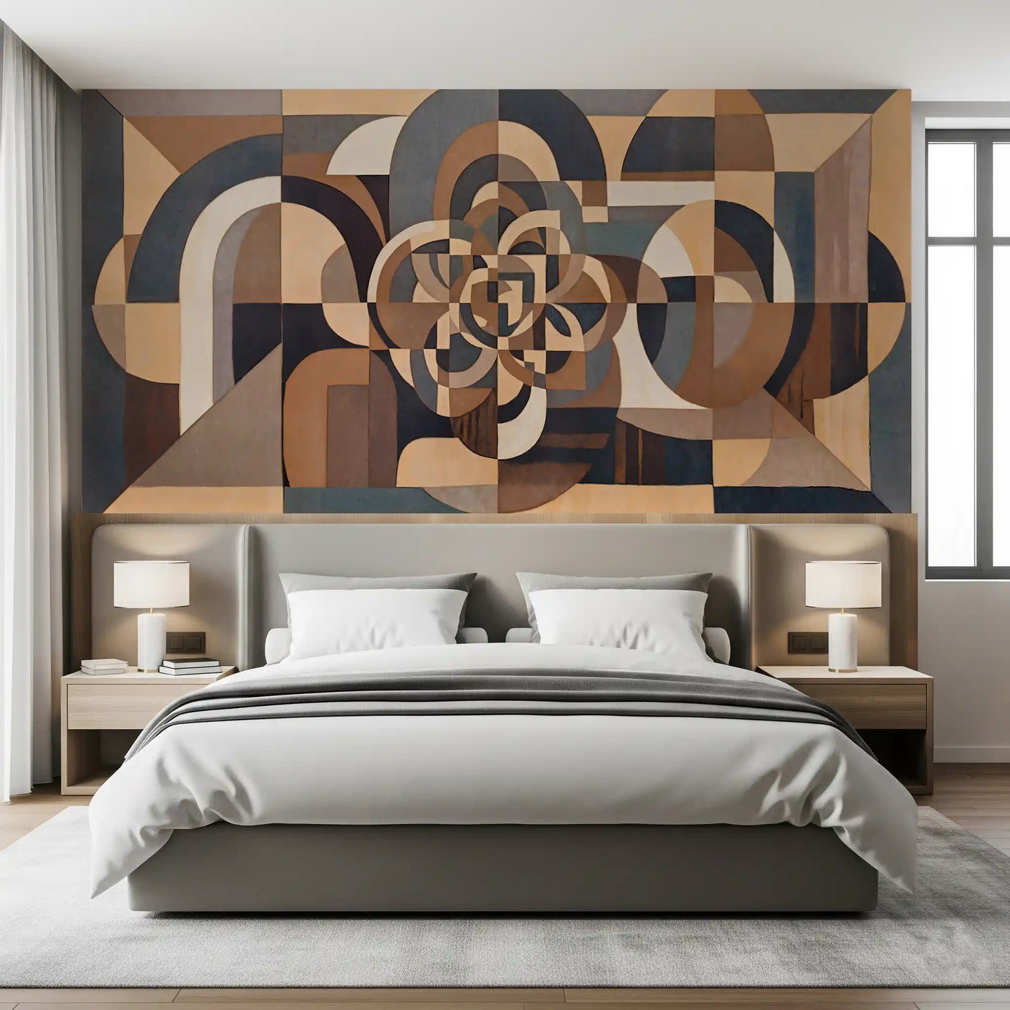 Layered cubist wall mural in bedroom with warm tan and cool slate blue tones., GD10377