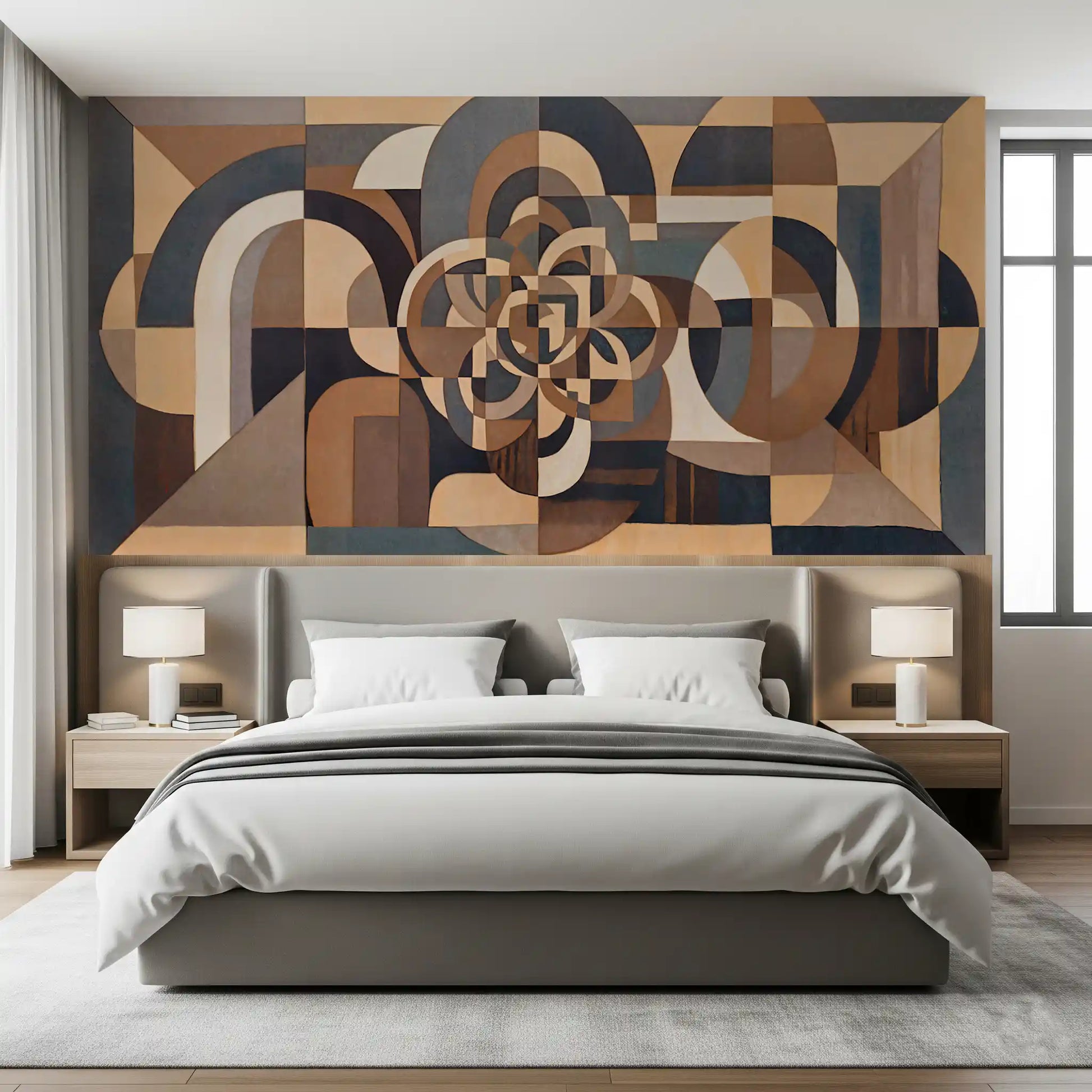 Layered cubist wall mural in bedroom with warm tan and cool slate blue tones., GD10377