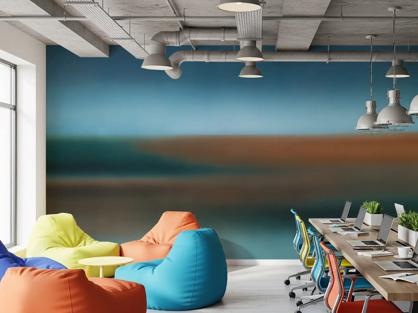 Wide abstract wall mural with layered blue green and clay stripes in office., GD10384