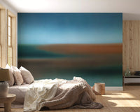 Colour field wall mural featuring blue sky and earthy brown bands in bedroom., GD10384