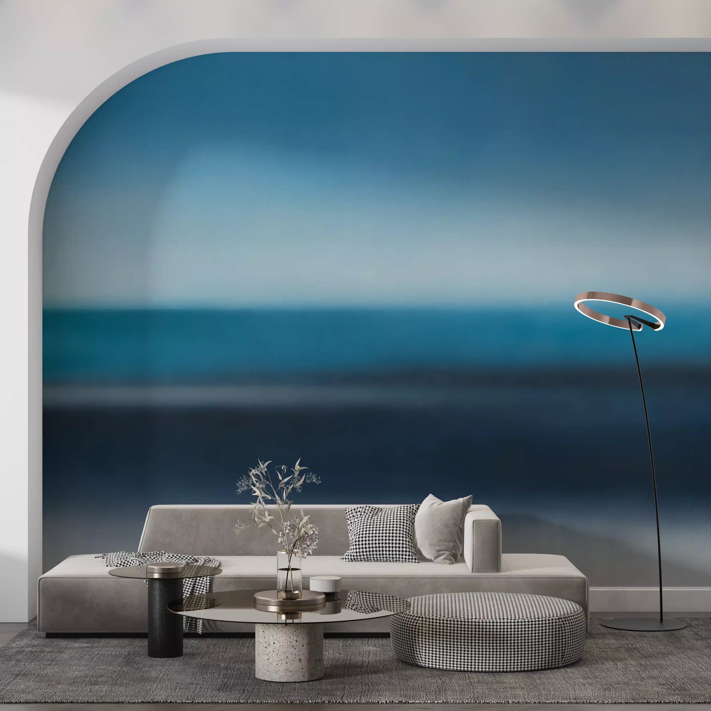 Vivid blue gradient wall mural with strong tonal contrast in living room., GD10389