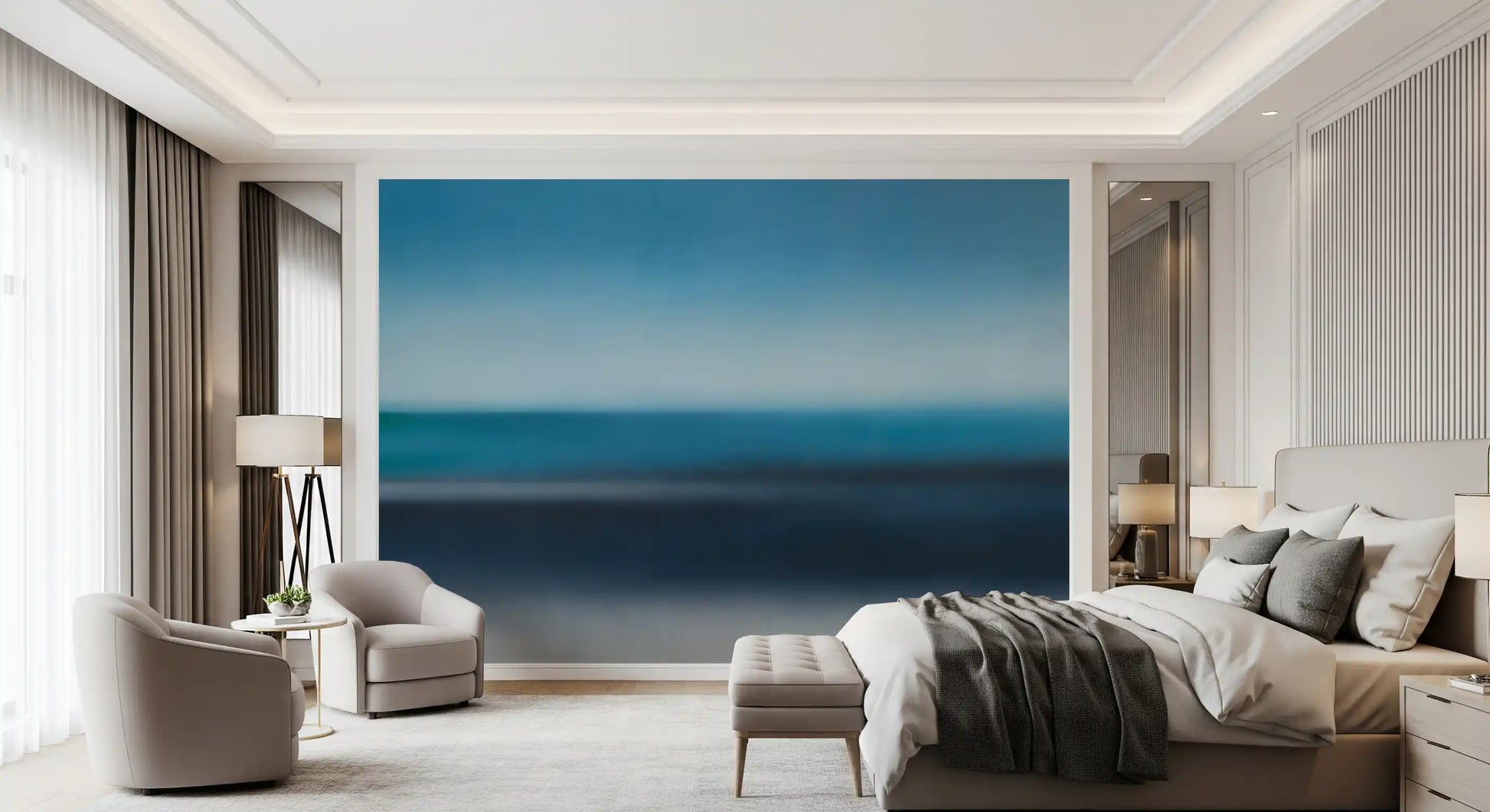 Cerulean and navy gradient wall mural in a bedroom with teal accent stripe., GD10389