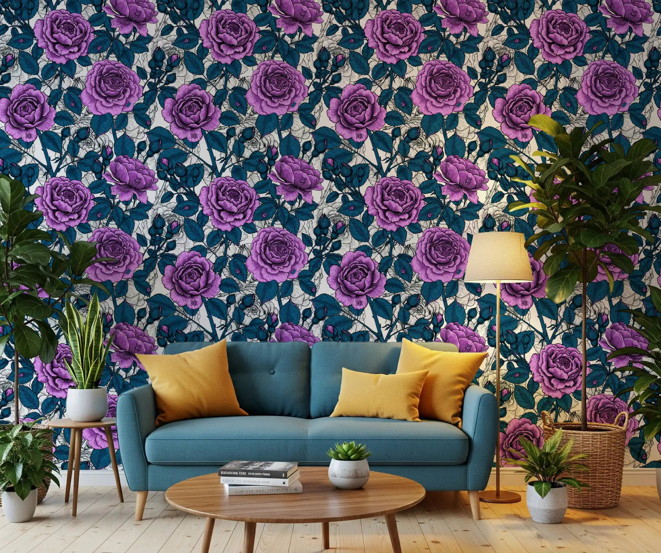 Purple rose garden wallpaper displayed in a hallway backdrop.