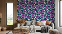 Living room wallpaper showing Lavender and purple roses with deep green leaves in repeat pattern., GD10397