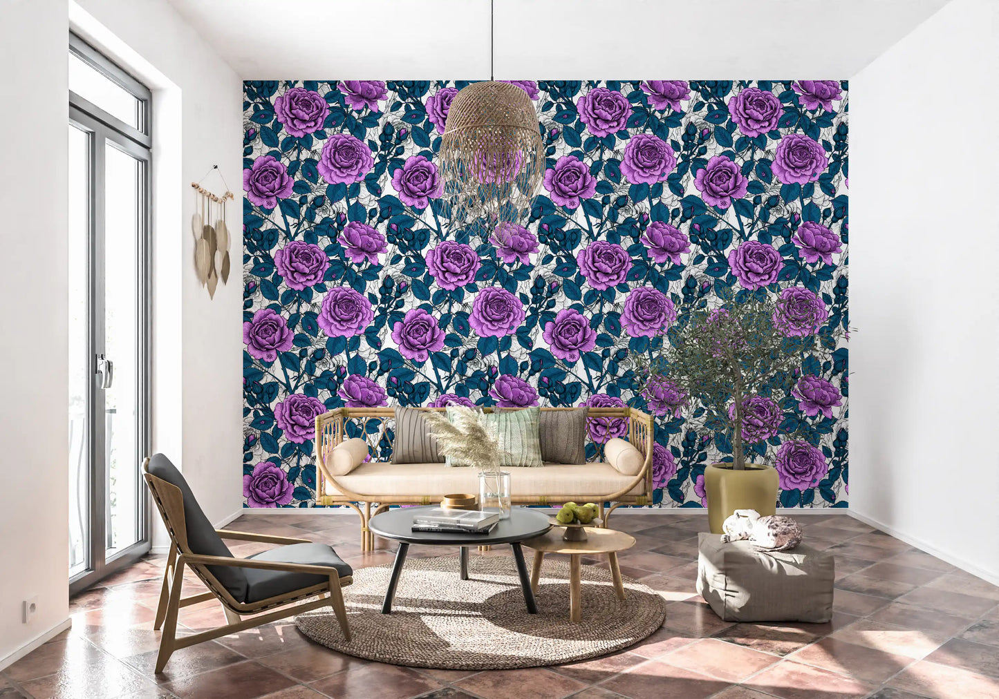 Full-scale purple rose with layered petals on floral wallpaper., GD10397
