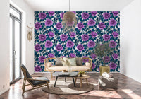 Full-scale purple rose with layered petals on floral wallpaper., GD10397