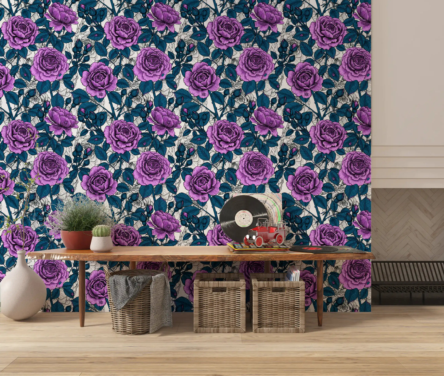 Large violet roses with layered petals on white background wallpaper in hallway., GD10397