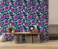 Large violet roses with layered petals on white background wallpaper in hallway., GD10397