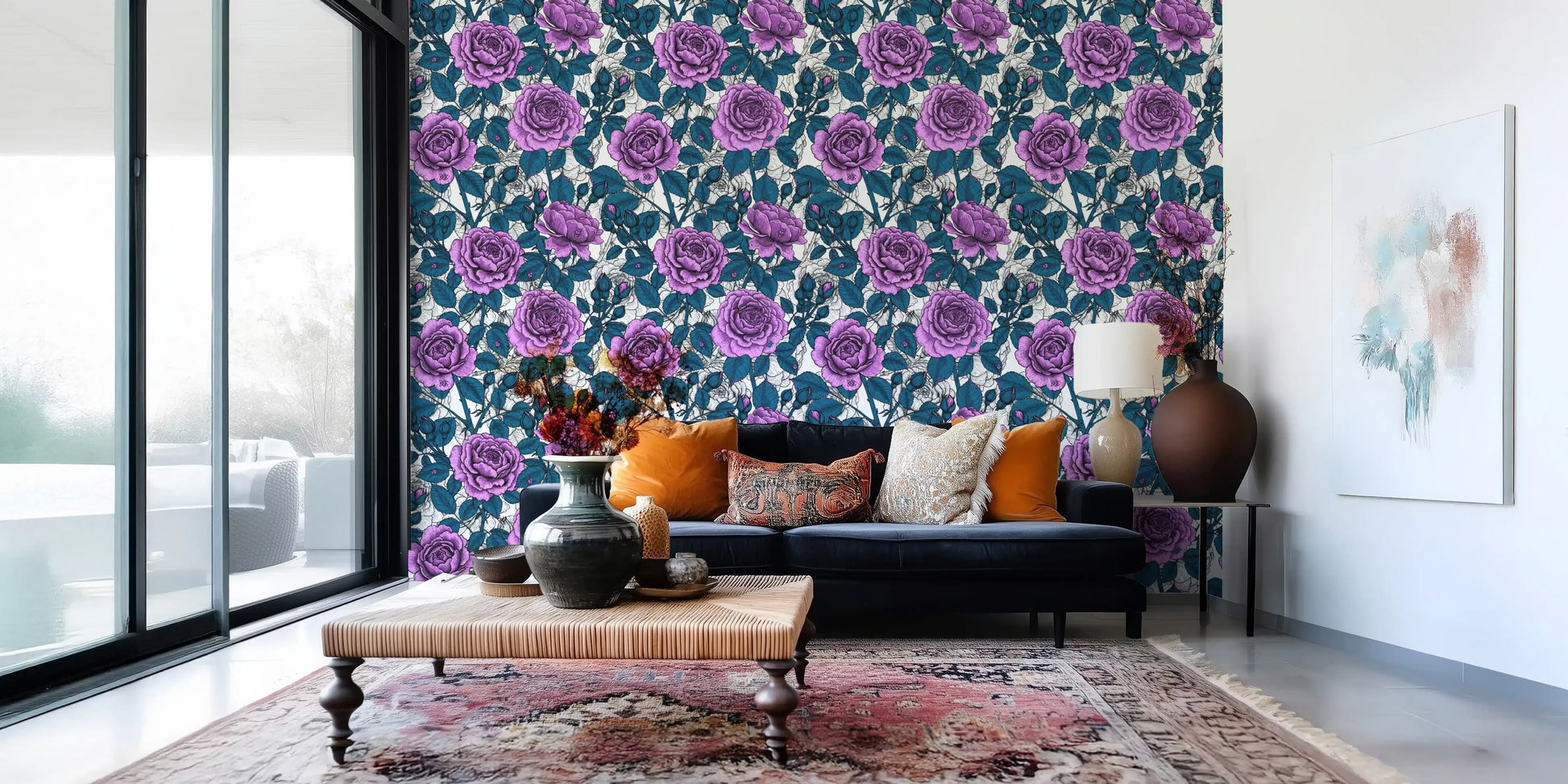 Botanical wallpaper with Outlined white roses between purple blooms., GD10397