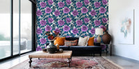Botanical wallpaper with Outlined white roses between purple blooms., GD10397