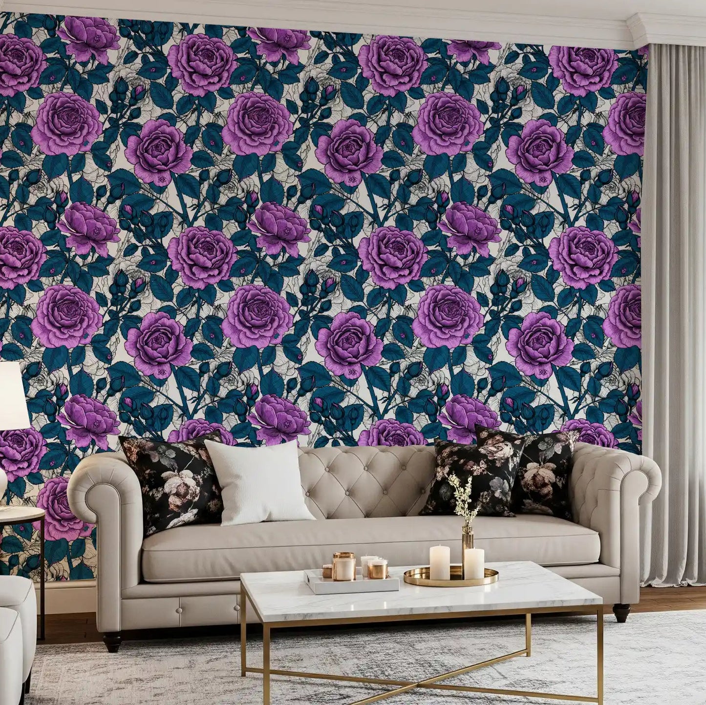 Detailed line work on violet petals and teal foliage wallpaper., GD10397
