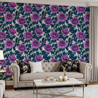 Detailed line work on violet petals and teal foliage wallpaper., GD10397