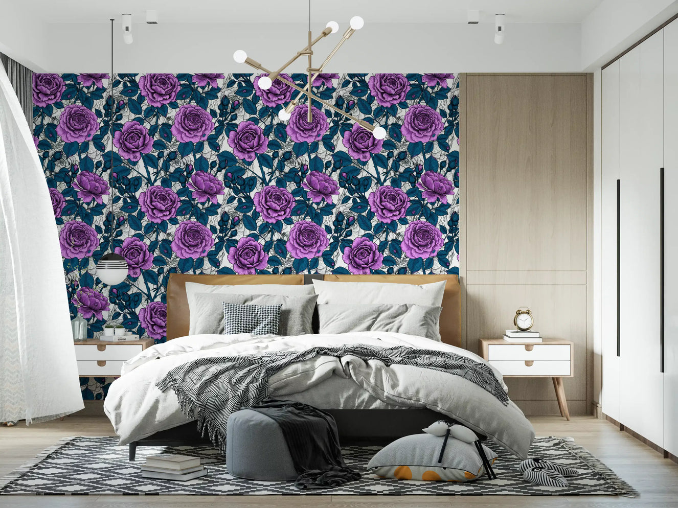 Violet floral wallpaper with teal leaves applied in a master bedroom.