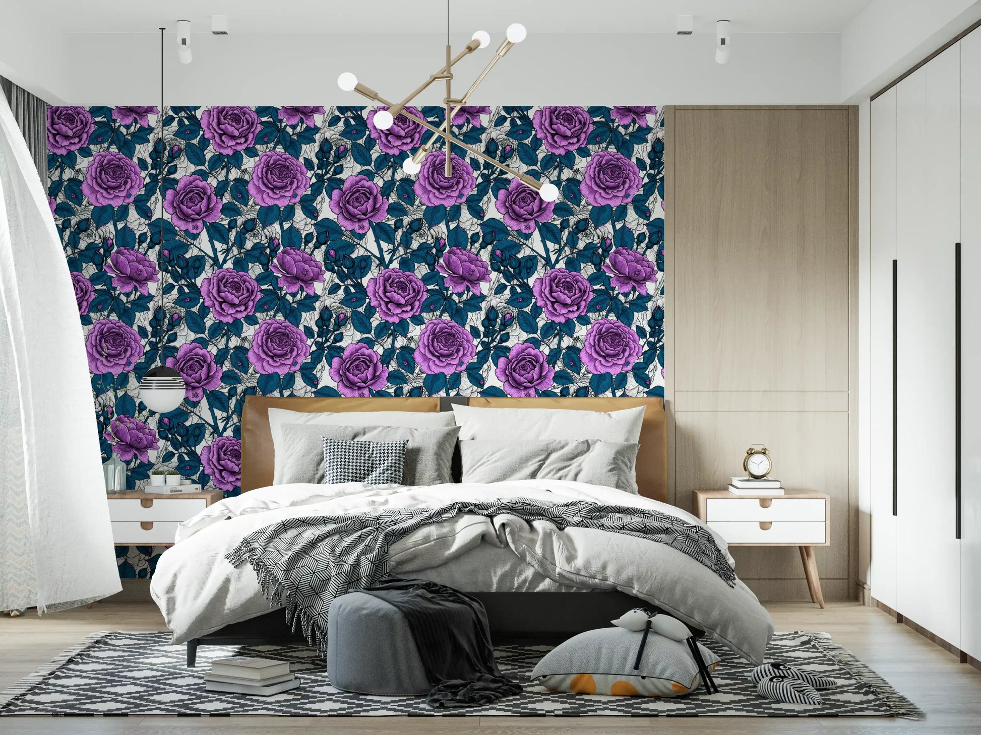 Violet floral wallpaper with teal leaves applied in a master bedroom., GD10397