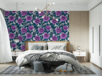 Violet floral wallpaper with teal leaves applied in a master bedroom., GD10397