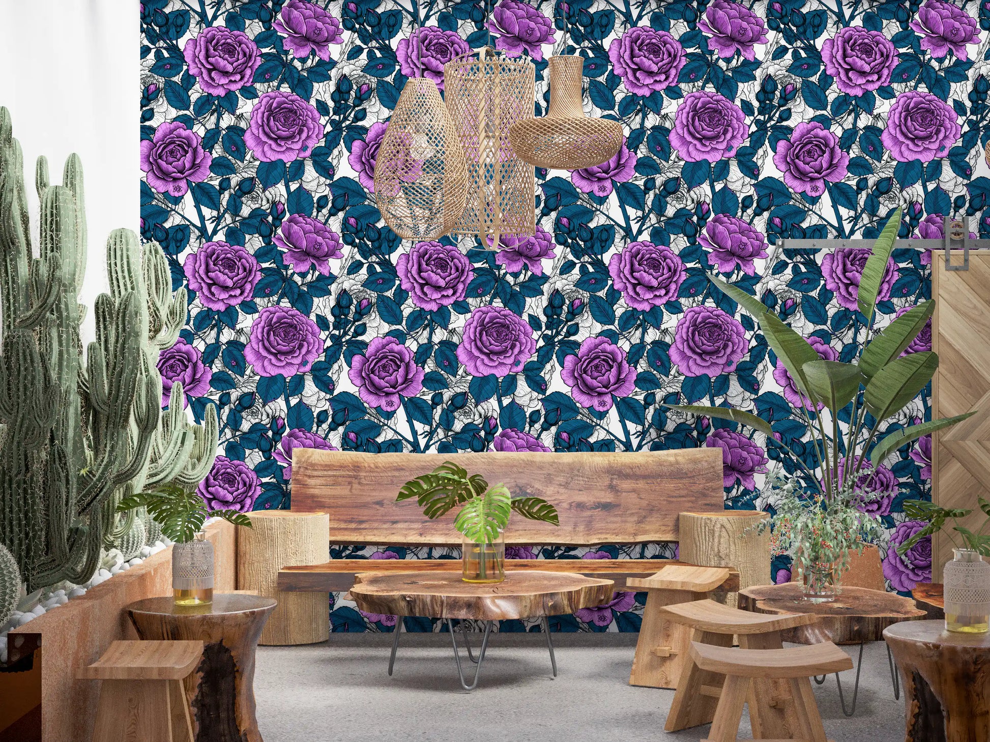 Teal leaves and purple rose buds in illustrated floral pattern wallpaper., GD10397