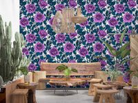 Teal leaves and purple rose buds in illustrated floral pattern wallpaper., GD10397