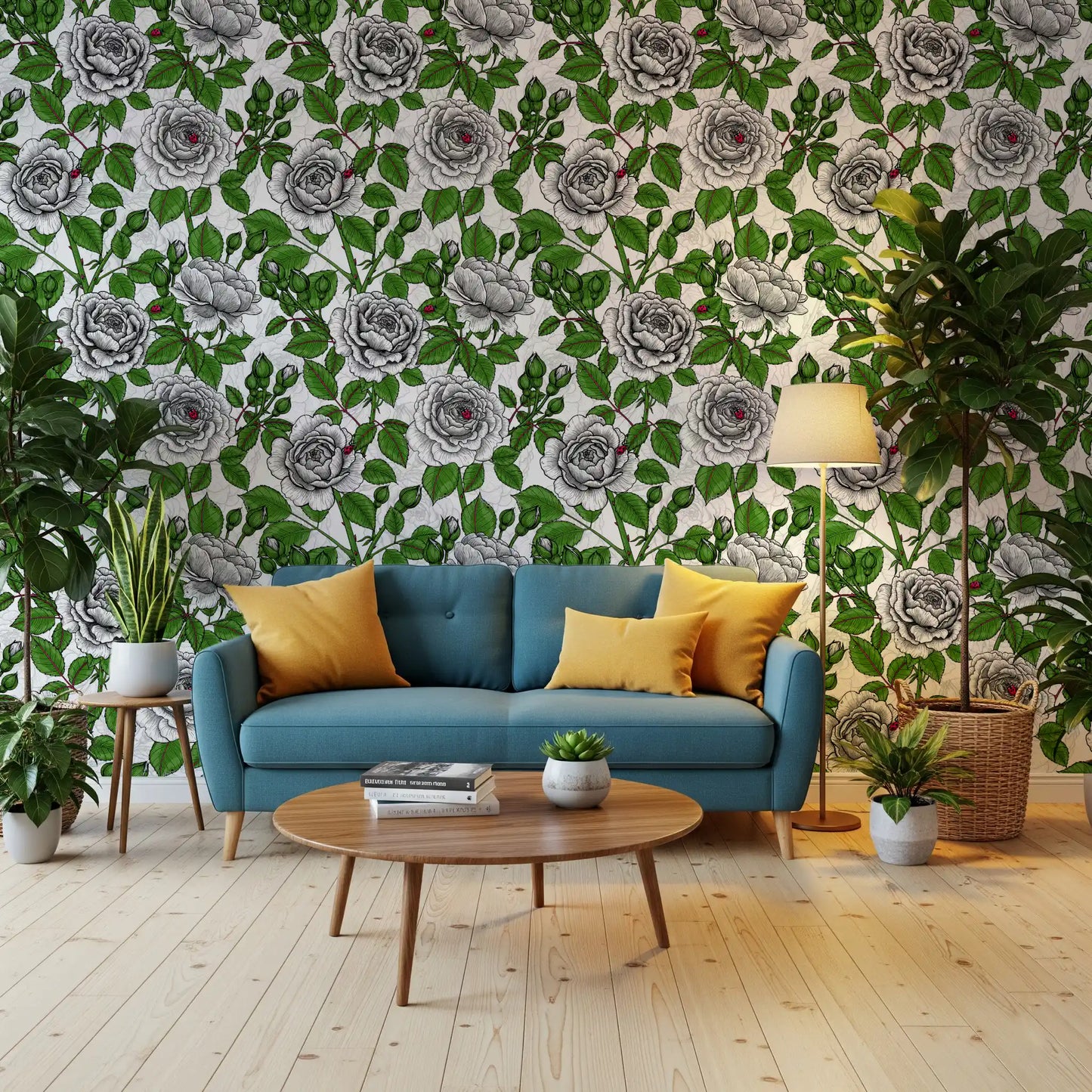 Detailed grey petal shading on white roses with vivid green foliage wallpaper., GD10398