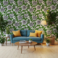 Detailed grey petal shading on white roses with vivid green foliage wallpaper., GD10398