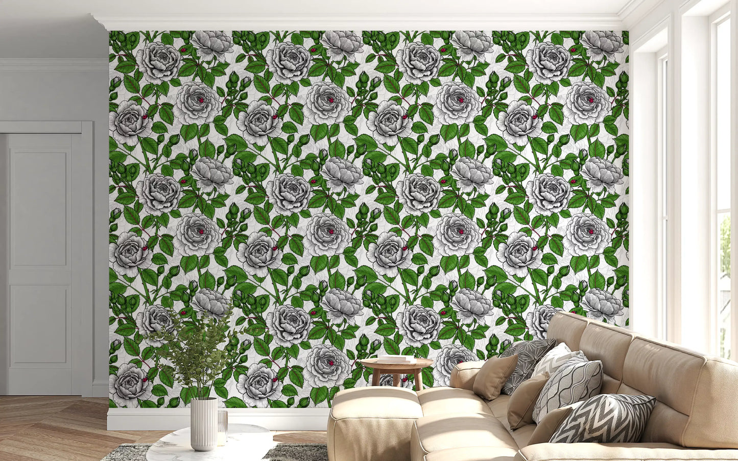 Botanical pattern wallpaper with Unopened green buds and faint outlined roses., GD10398