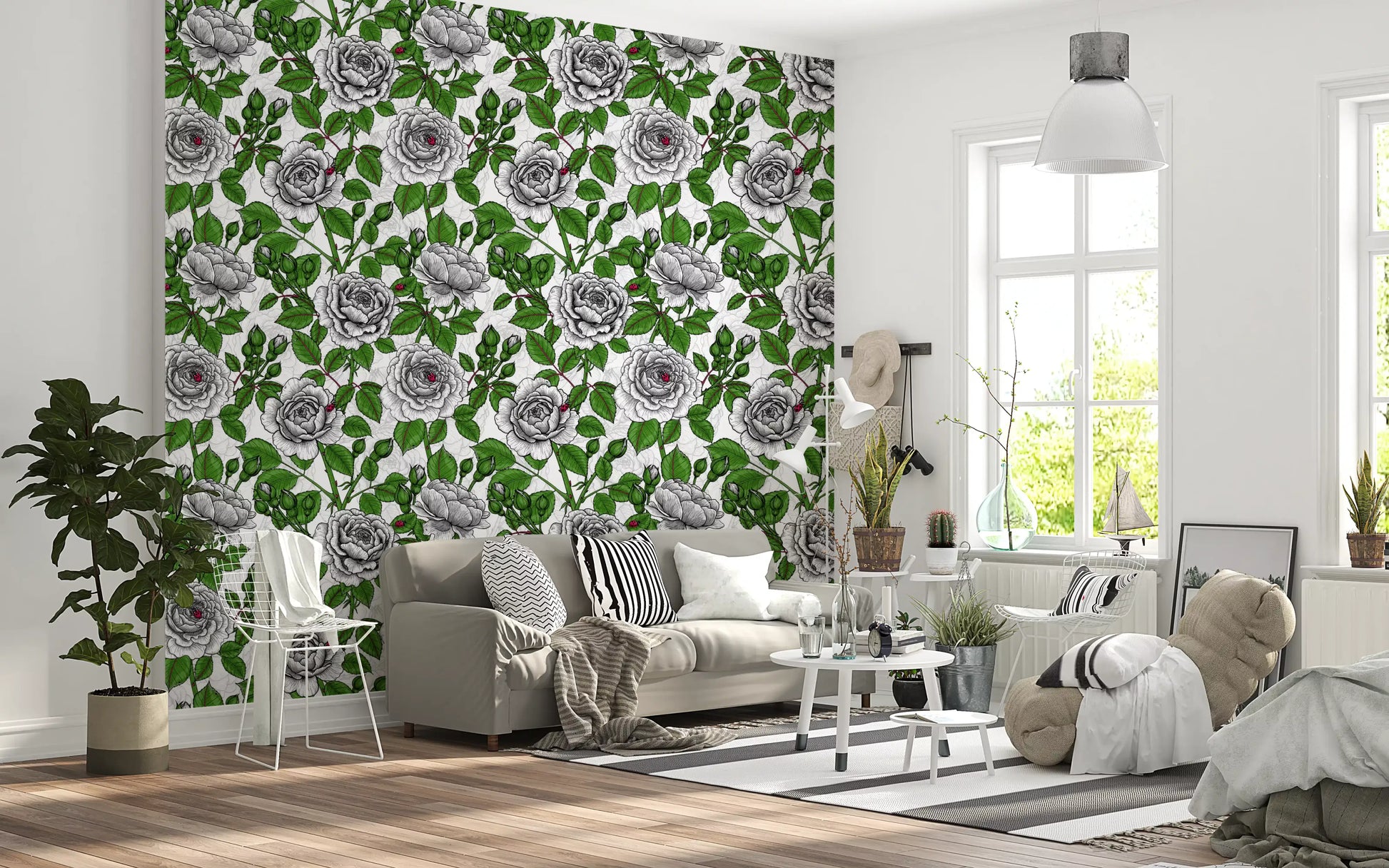 Repeating monochrome rose pattern with layered green leaves wallpaper in living room., GD10398