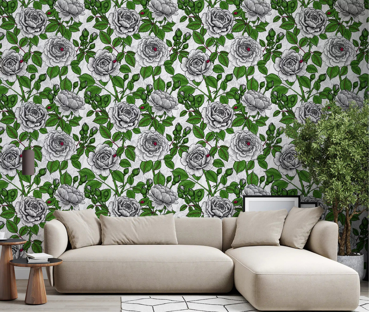 Monochrome floral wallpaper with green foliage in a living room., GD10398