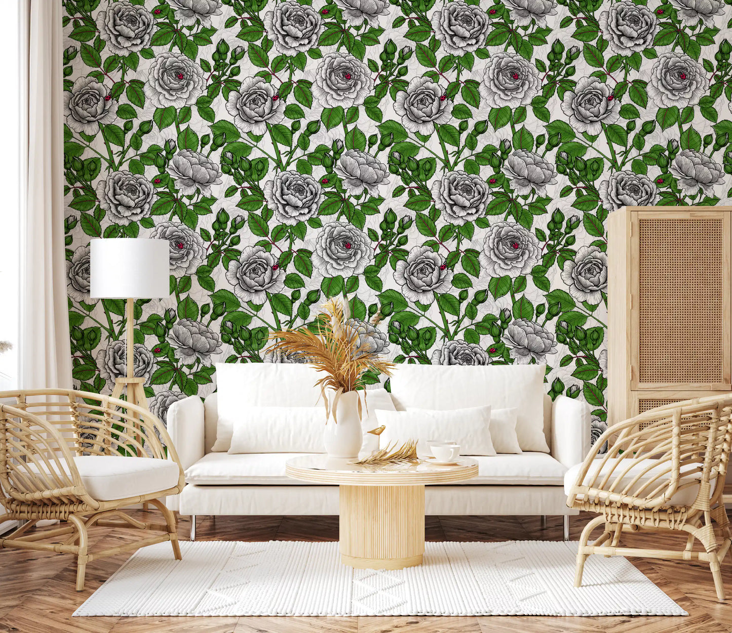 Multiple white roses with intricate line work on floral wallpaper., GD10398