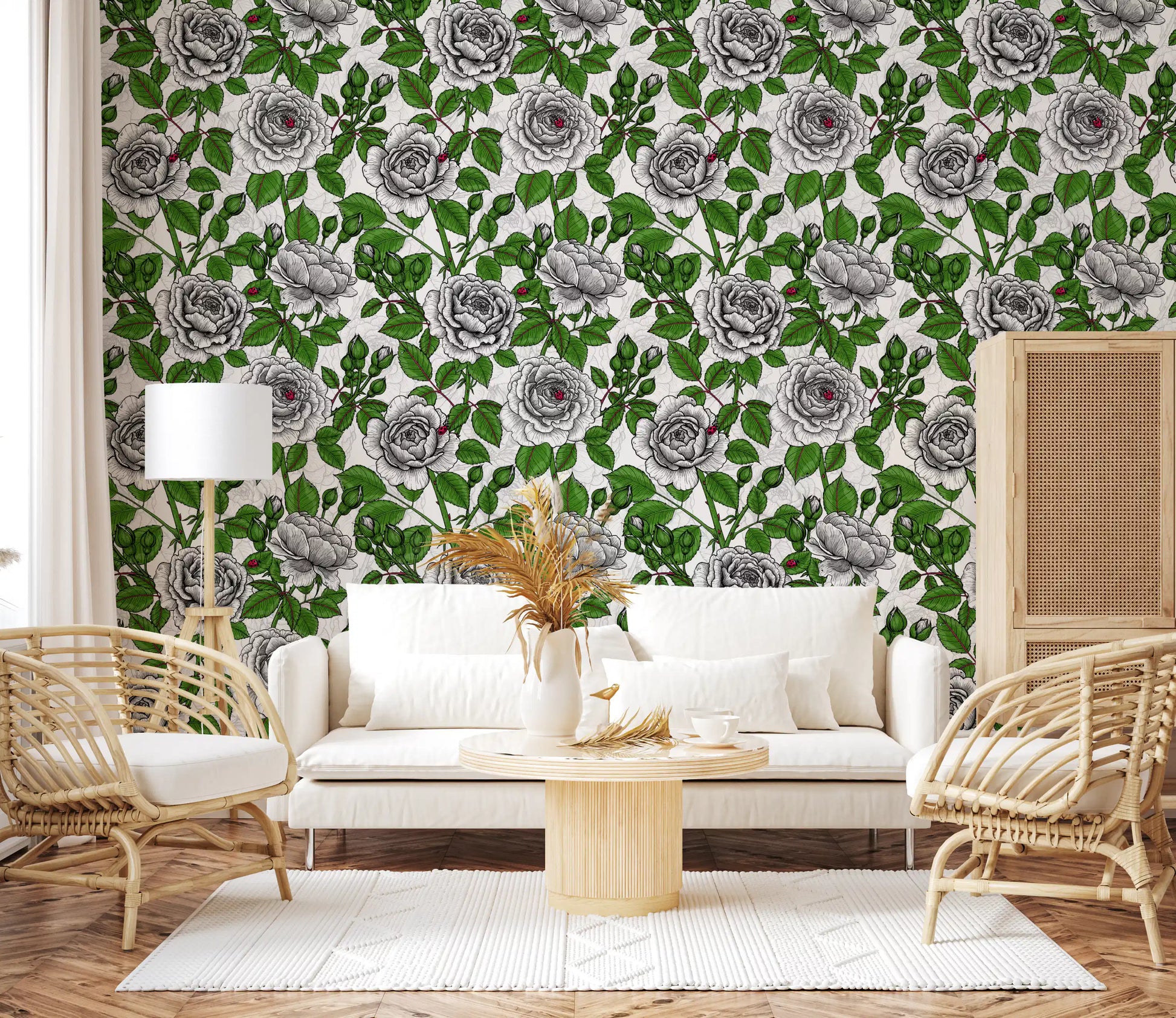 Multiple white roses with intricate line work on floral wallpaper., GD10398